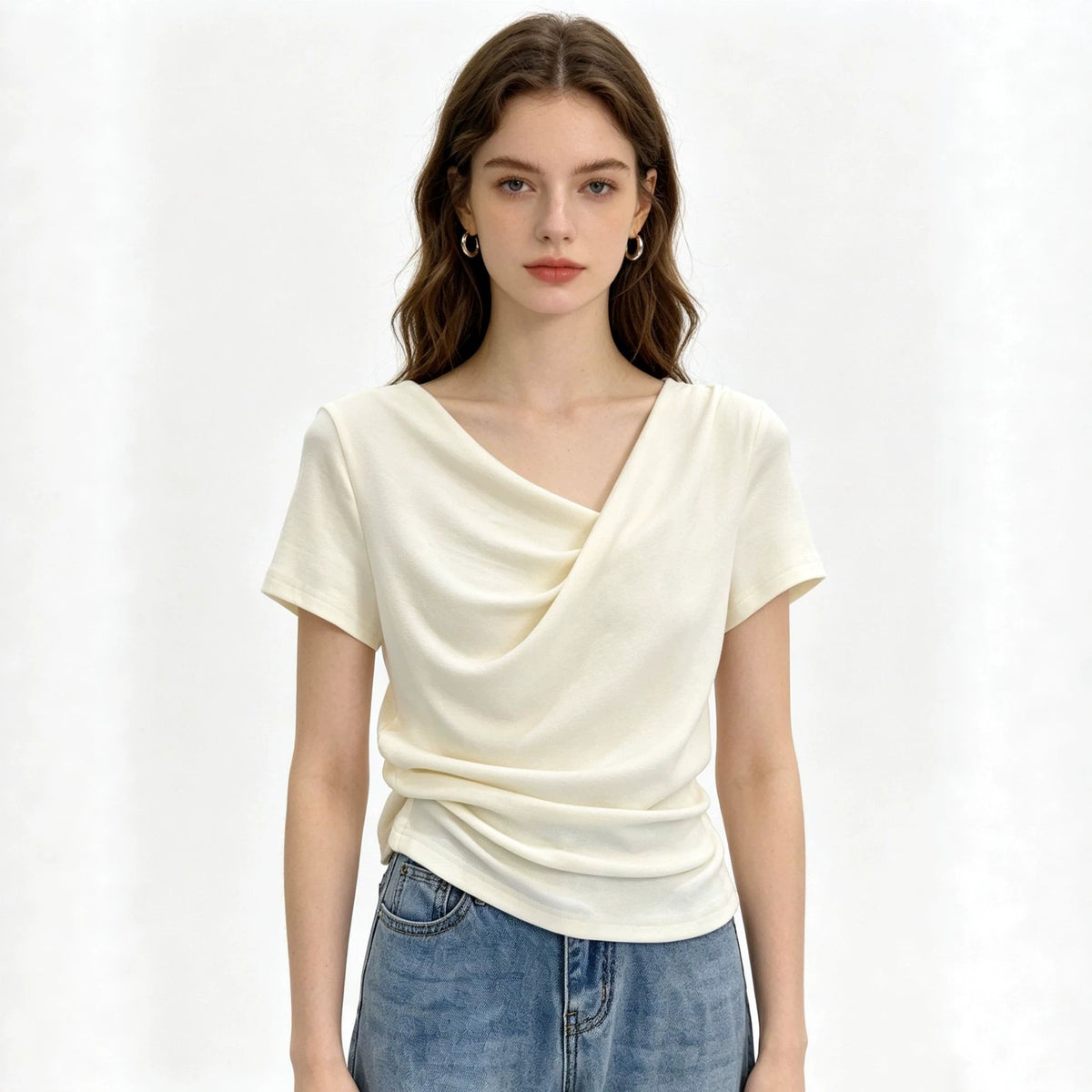 Design-focused Asymmetrical Boat-neck Short-sleeve T-shirt For Women – Premium 0 | RICALOUX