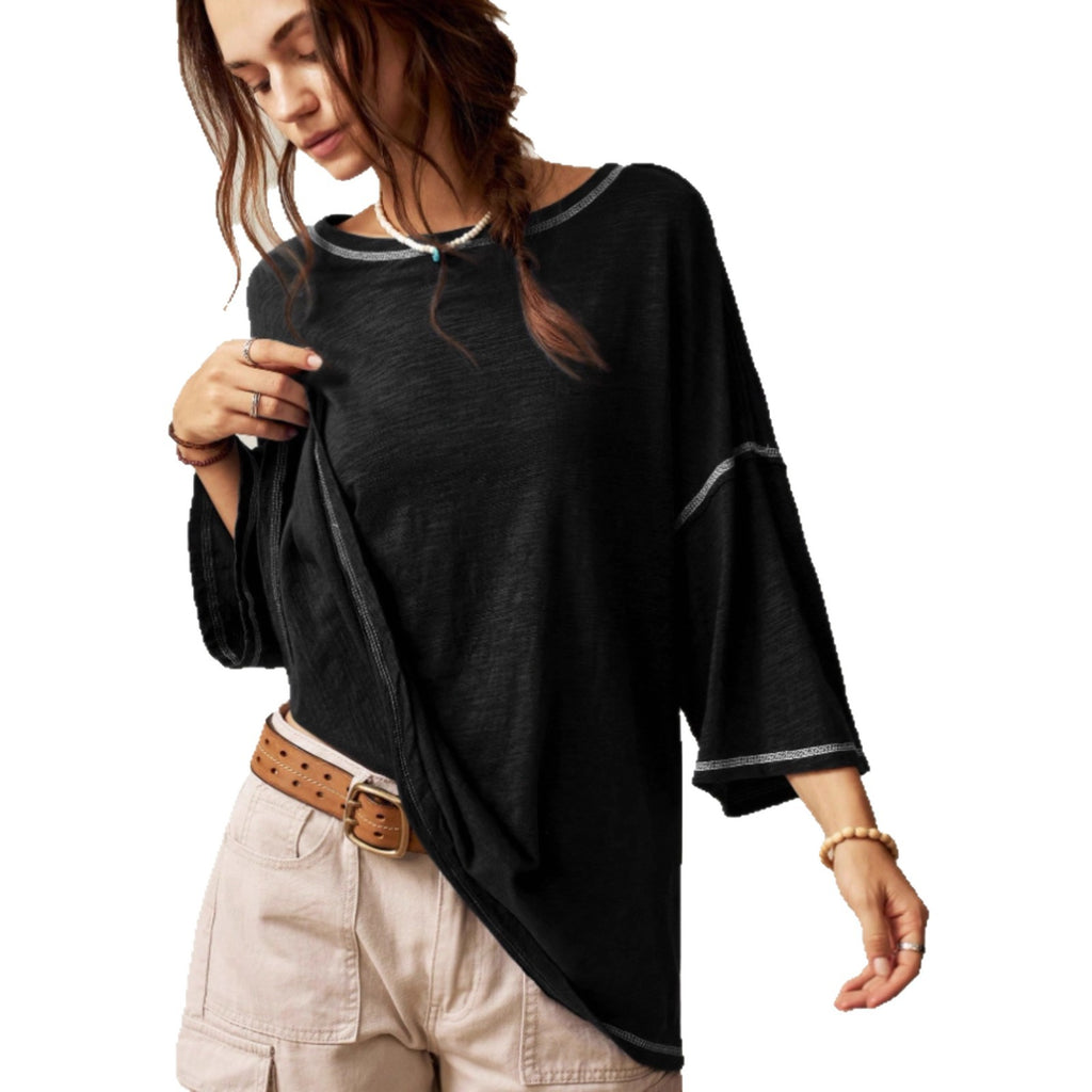 Casual Crew-neck Solid-color Versatile Long-sleeve Pullover T-shirt by Ricaloux