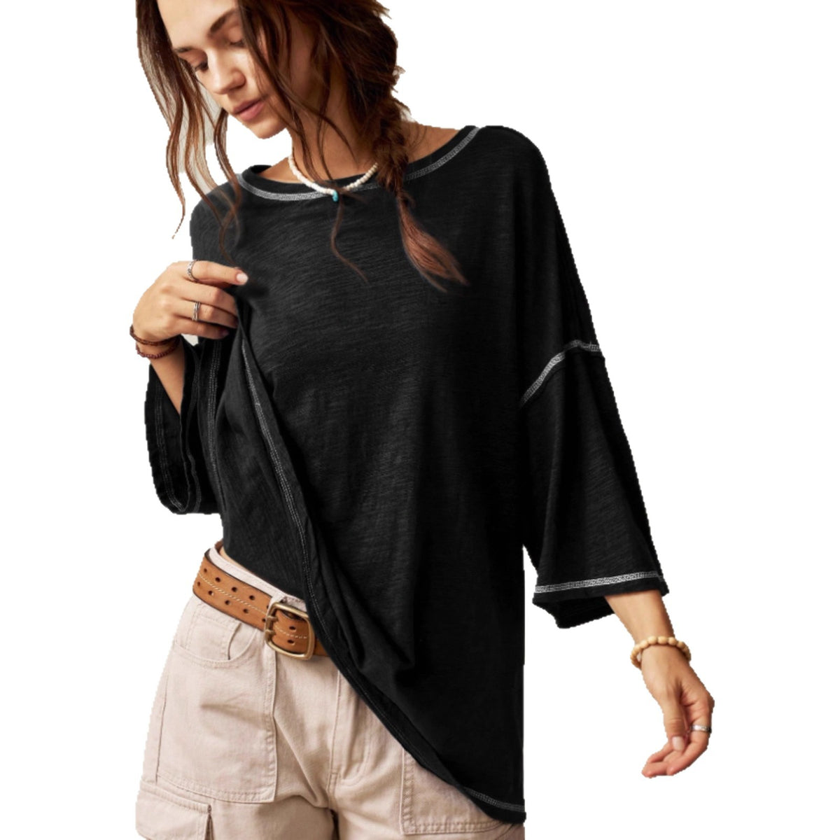 Casual Crew-neck Solid-color Versatile Long-sleeve Pullover T-shirt by Ricaloux