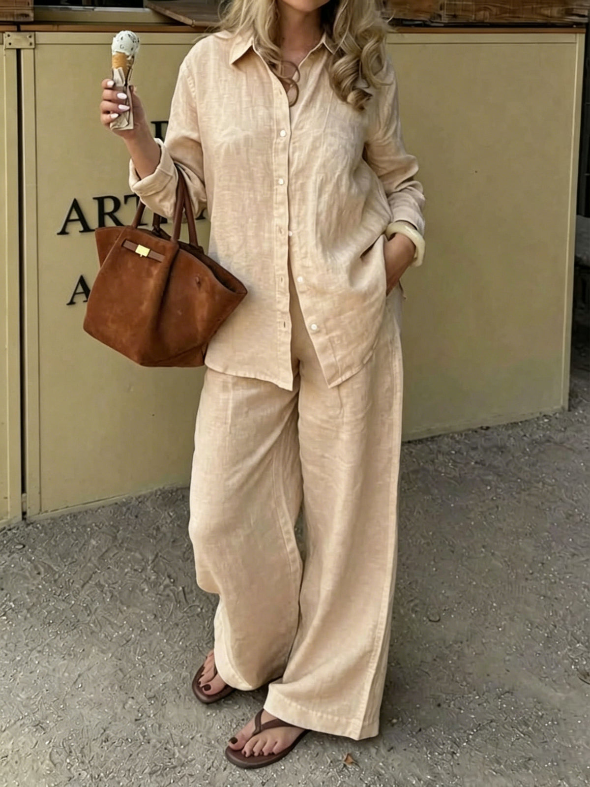 Simple Linen Two-piece Set With A Lapel And Long Sleeves – Premium 0 | RICALOUX