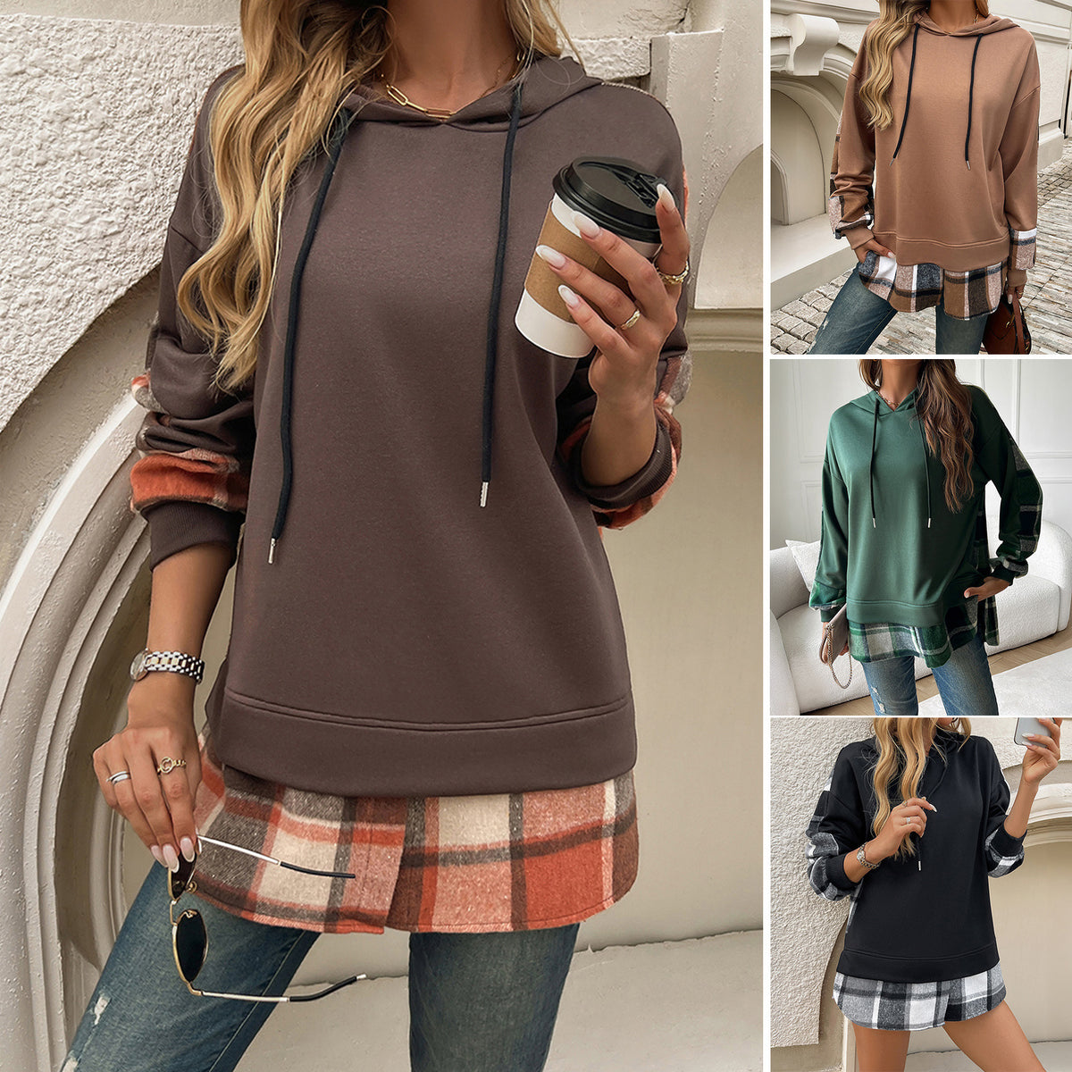 Women's Vintage Oversized Hoodie With Plaid Patchwork Stylish Y2k Clothing Streetwear Round Neck Hooded Long Sleeve Sweatshirts - RICALOUX