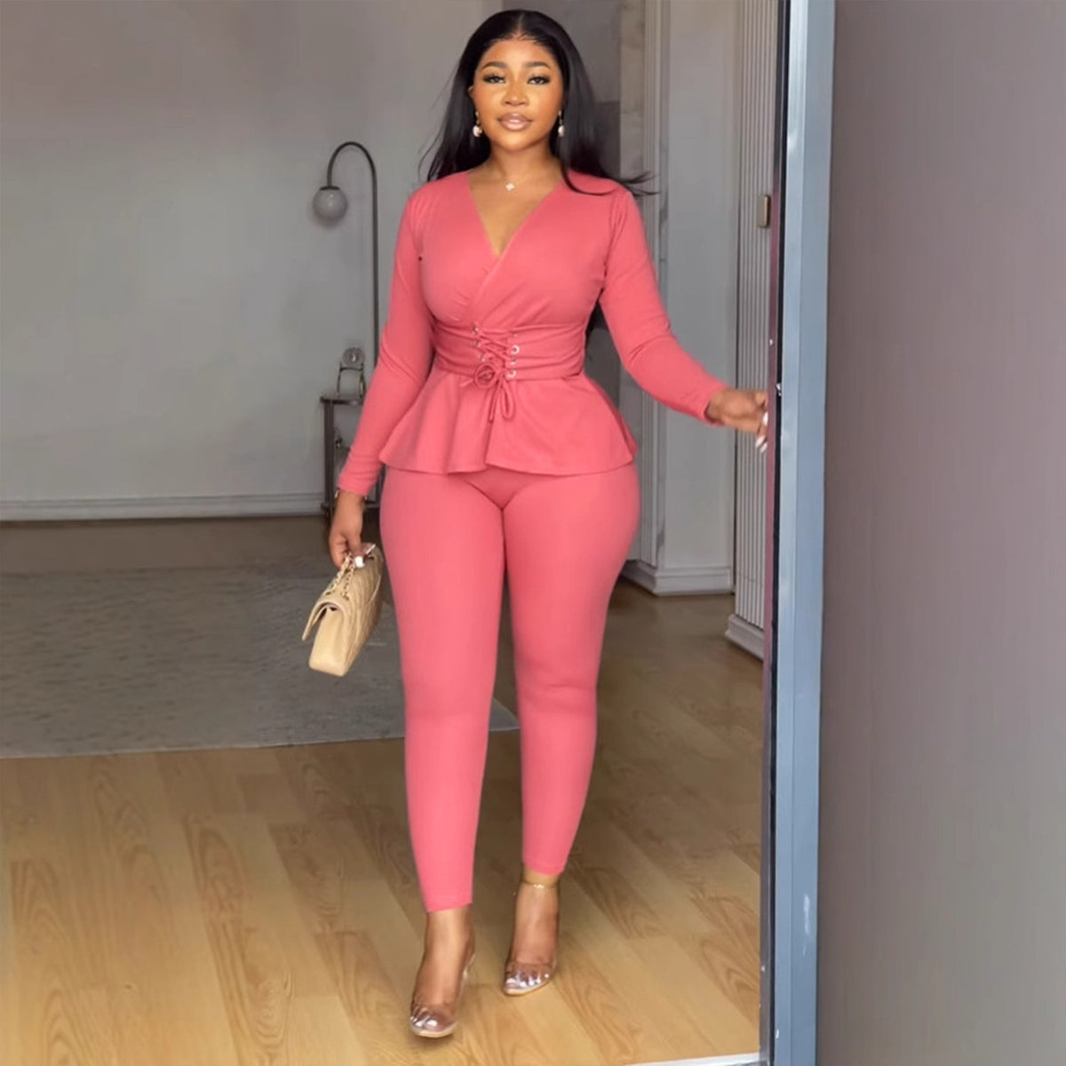European And American Solid-color V-neck Waist-cinching Stretchy Long-sleeve Pants Set – Premium 0 | RICALOUX