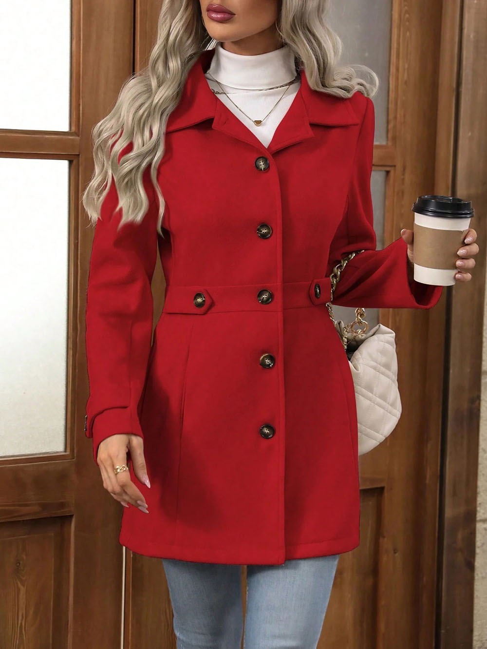 Women's Solid Color Wool Blend Coat, Fashion Lapel Button Up Casual Elegant Overcoat For Autumn by Ricaloux