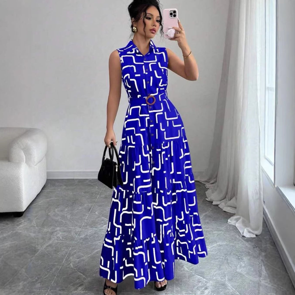 Printed-button Sleeveless Lace-up Shirt-collar Dress by Ricaloux