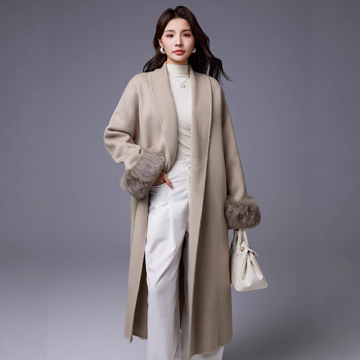 Thickened Coat With Fox-fur Sleeves Womens Belted Wool Blend by Ricaloux