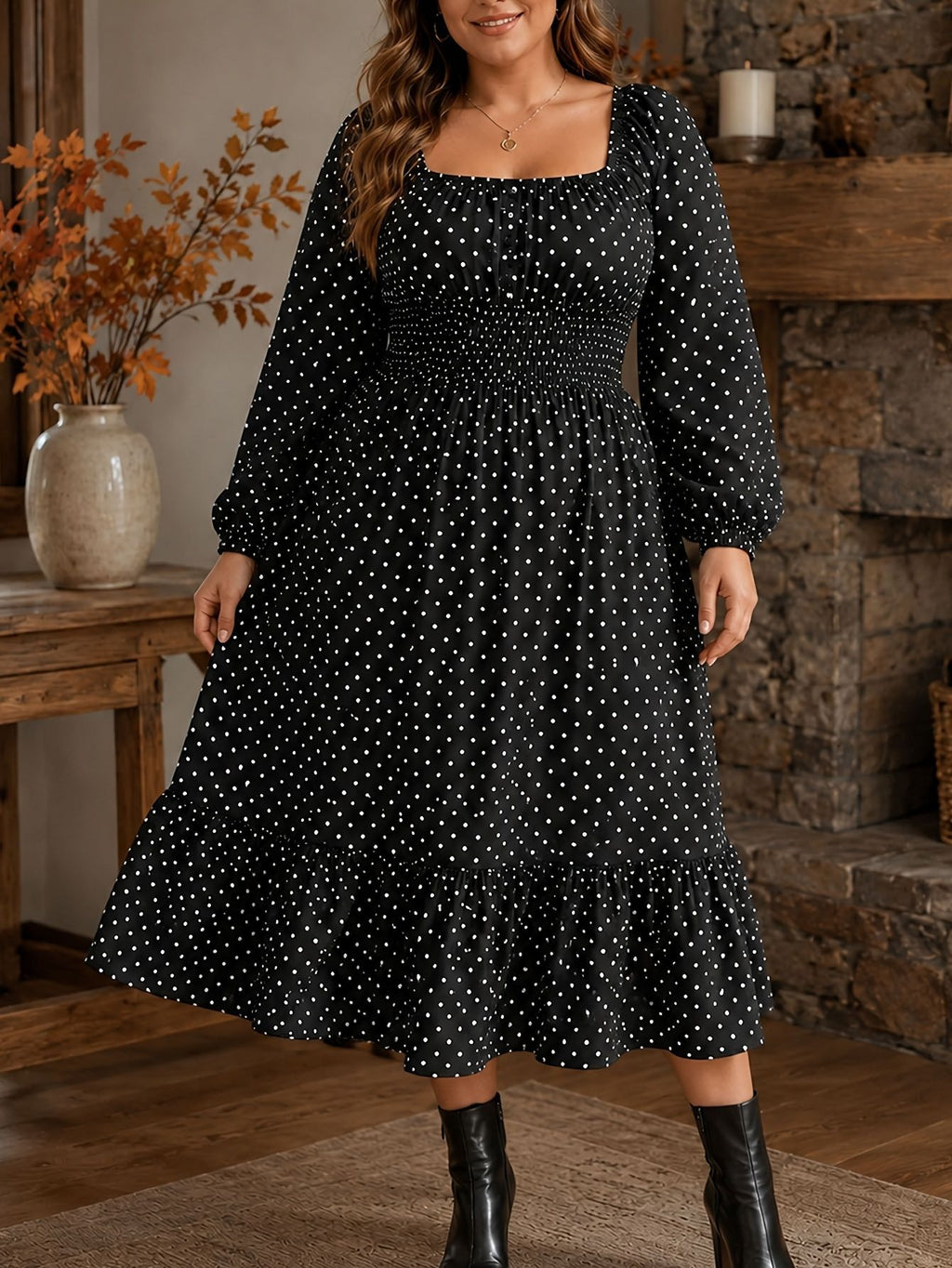 Polka-dot Plus-size Womens Dress Puff-sleeve Boat-neck Dress For Curvy Figures by Ricaloux