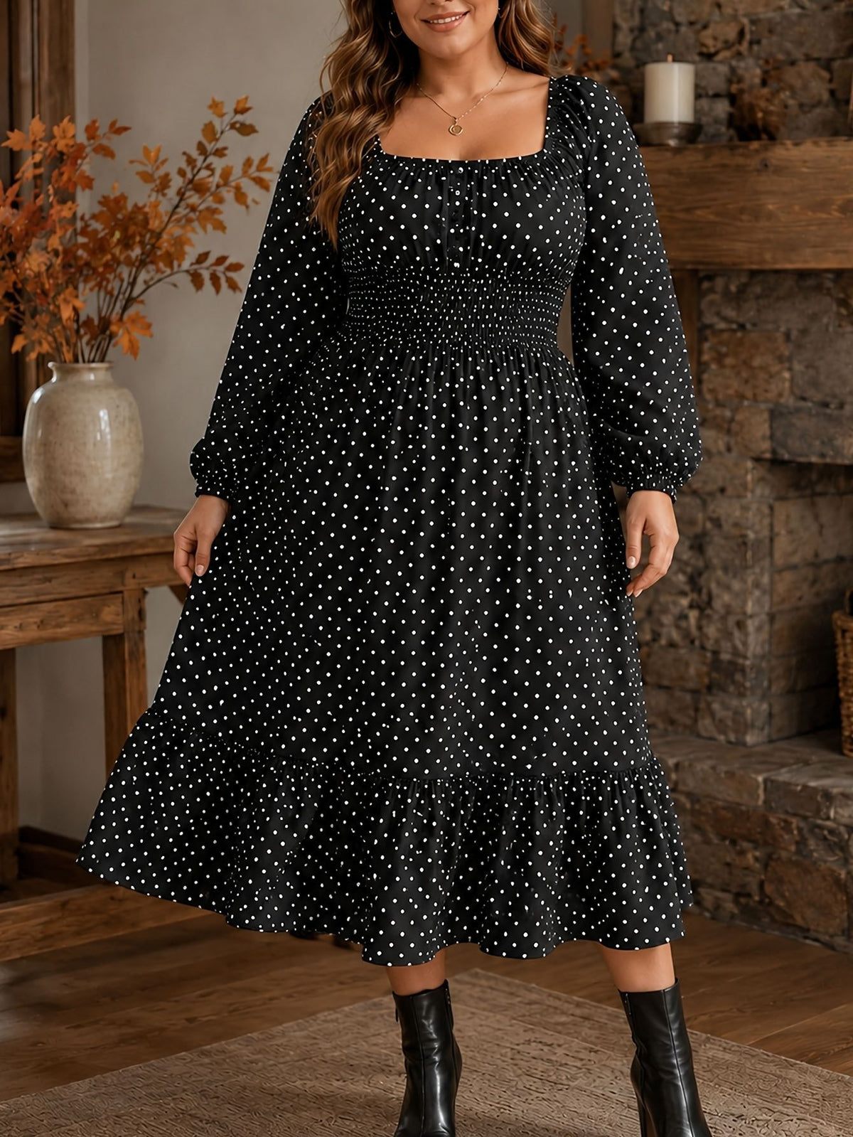 Polka-dot Plus-size Womens Dress Puff-sleeve Boat-neck Dress For Curvy Figures by Ricaloux