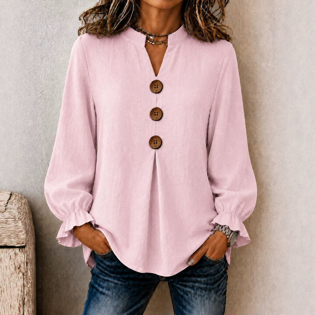 New Womens Fashion Long-sleeve V-neck Solid-color Button-up Top For Fall And Winter – Premium 0 | RICALOUX