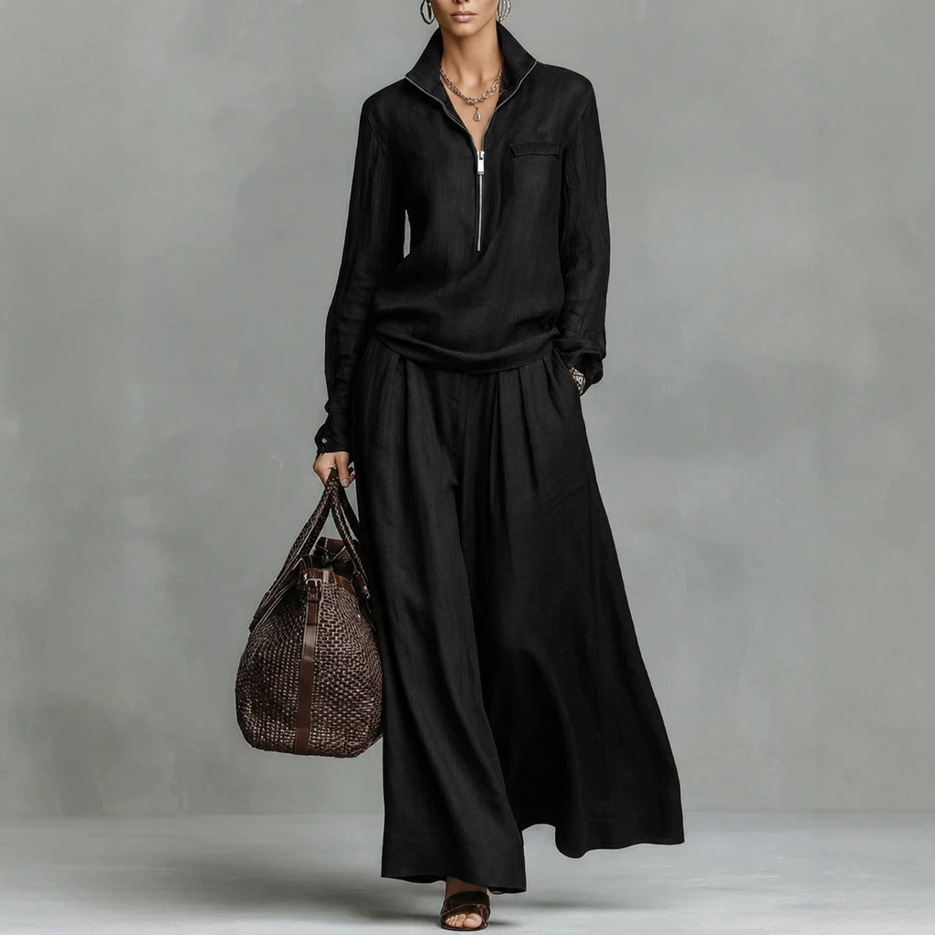 Womens Fashionable Casual Wide-Leg Pants Set With Zippers by Ricaloux