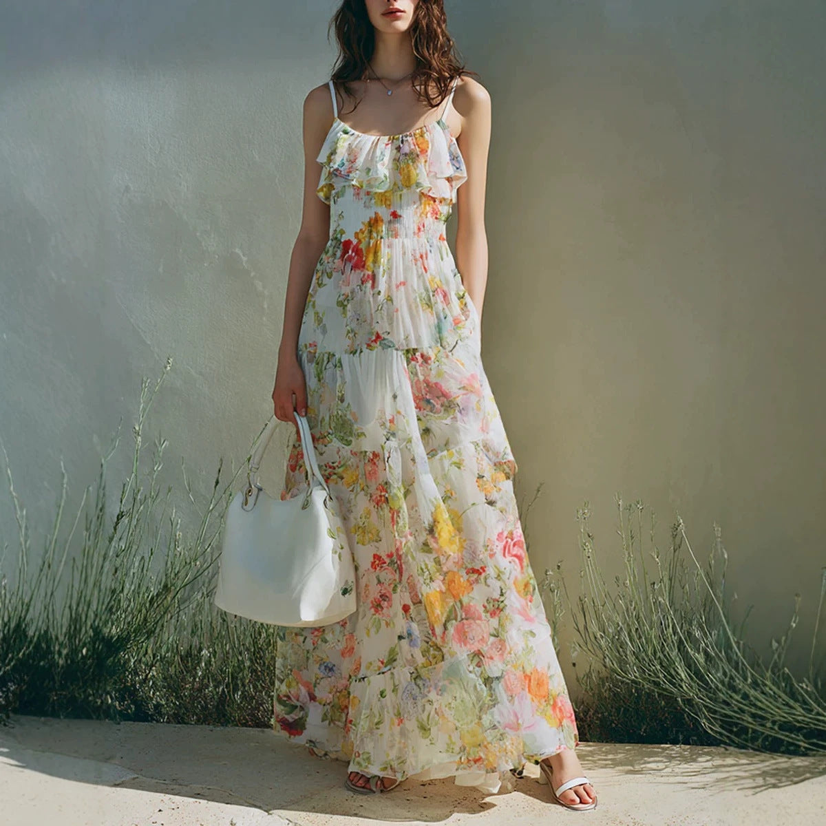 Summer Dress With A Long Bow Floral Print And Layered Chiffon by Ricaloux