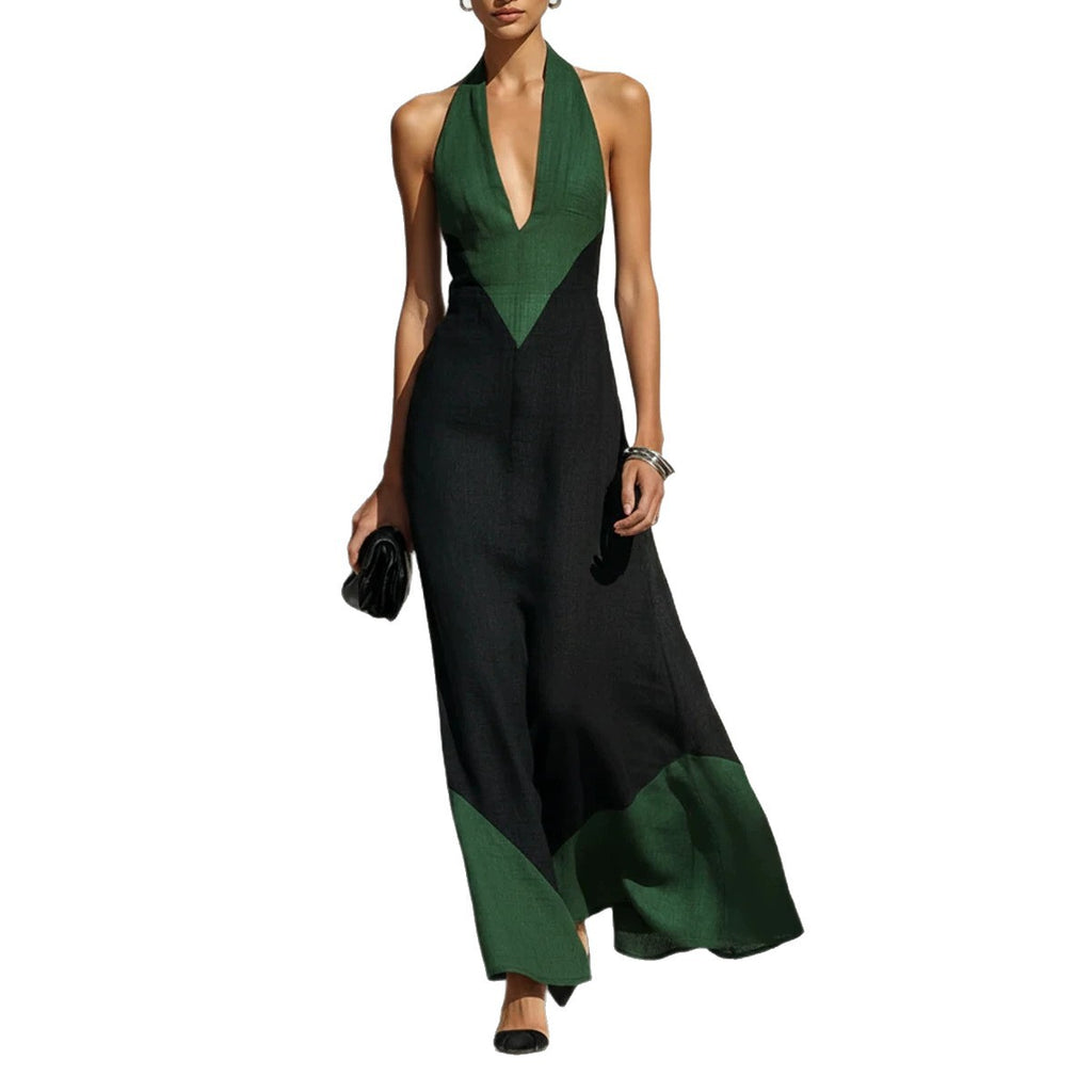 Womens Deep V-neck Color-block Slip Dress by Ricaloux
