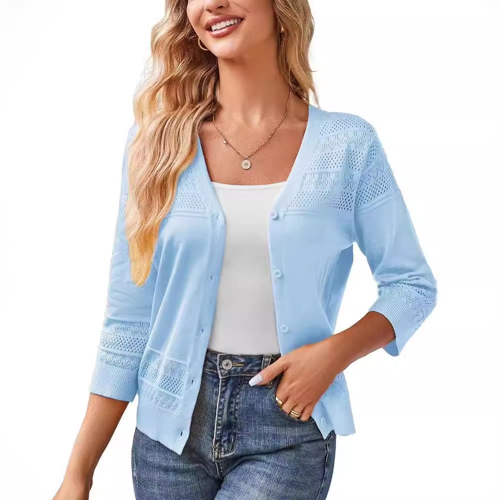 V-neck Cropped Outerwear Hollow-out Knit Cardigan by Ricaloux
