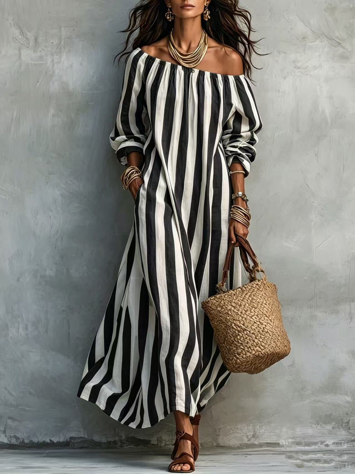 Striped Off Shoulder Vacation Dress by Ricaloux