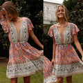 V-neck Short Sleeve Bohemian Dress - RICALOUX
