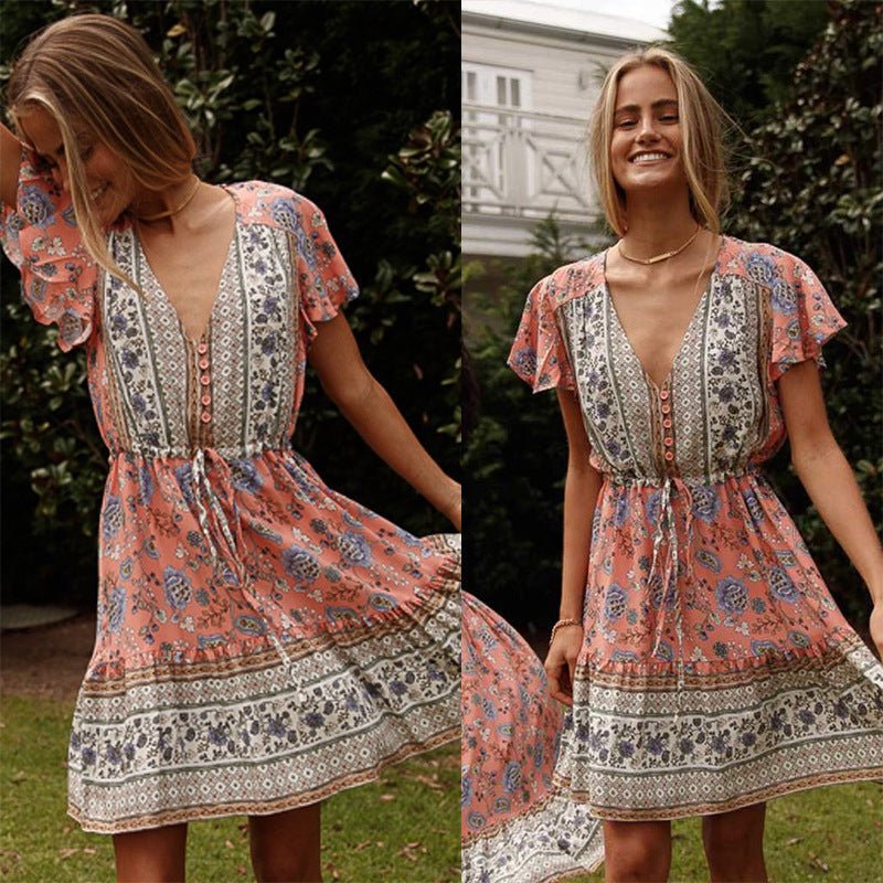V-neck Short Sleeve Bohemian Dress - RICALOUX