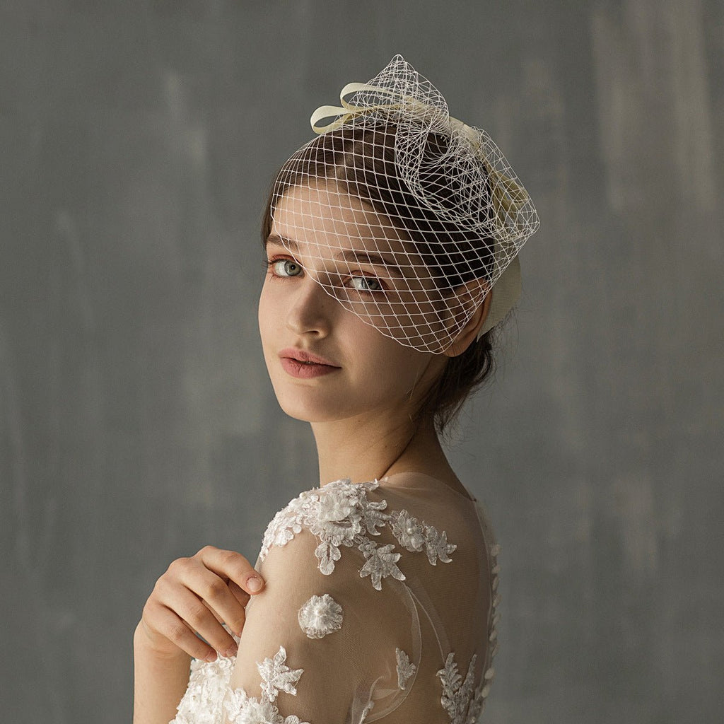 European And American White Mesh Bow Veil - RICALOUX