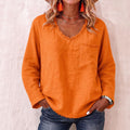 Loose-fit V-neck Long-sleeve Solid-color Casual Top For Women by Ricaloux