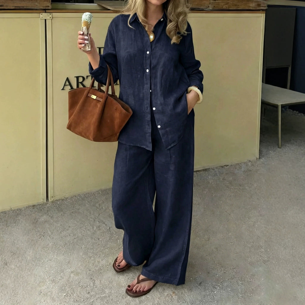 Simple Linen Two-piece Set With A Lapel And Long Sleeves by Ricaloux