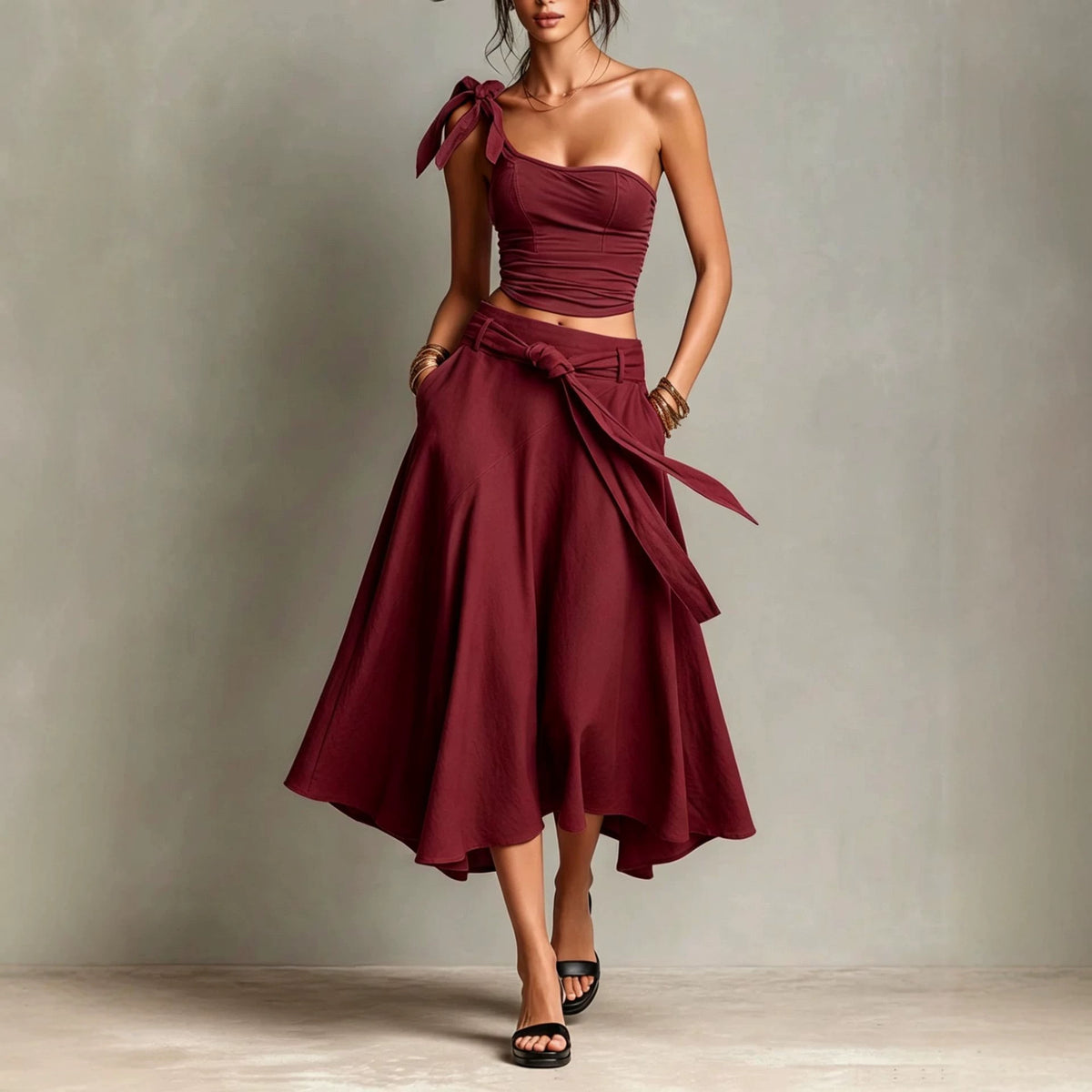 One-shoulder Strap Camisole And Skirt Set by Ricaloux