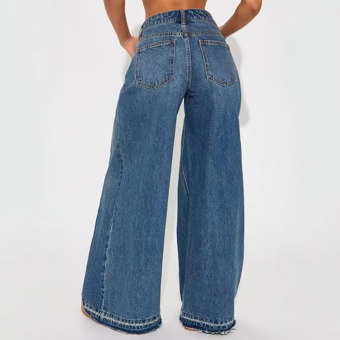 Womens Contrasting-Color Loose-Fit Stretch Wide-Leg Jeans by Ricaloux