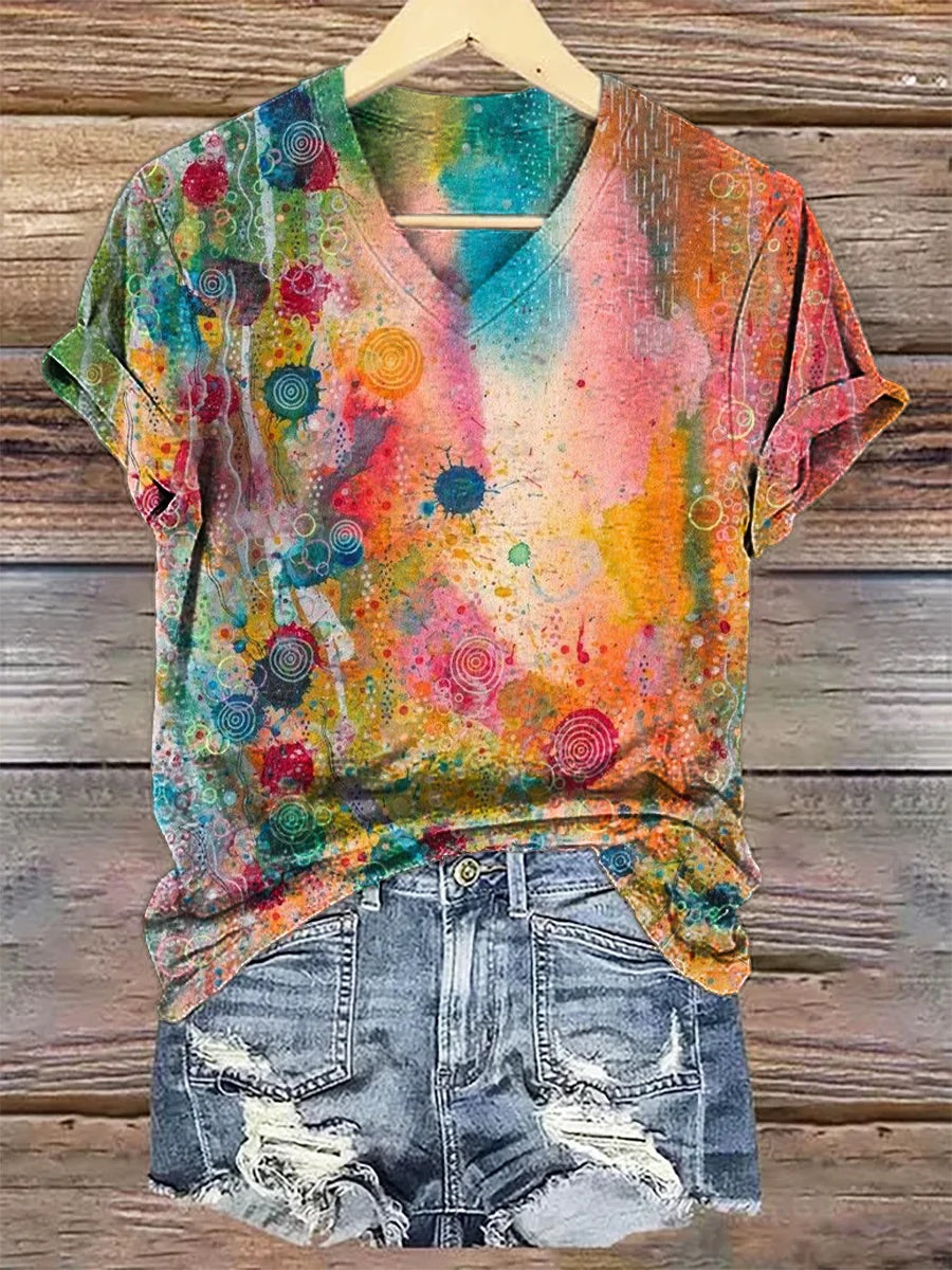 3D Digital Print T-Shirt Womens V-Neck Short-Sleeve Top by Ricaloux