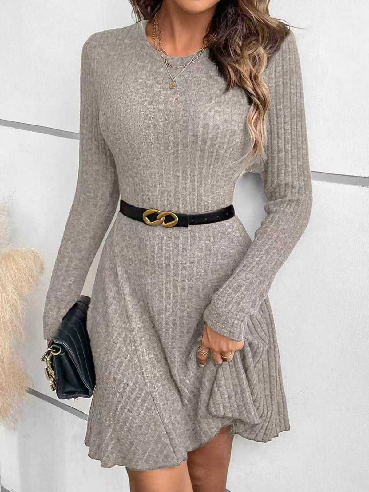 Womens Elegant Solid-color Rib-knit Crew-neck Long-sleeve Dress – Premium 0 | RICALOUX