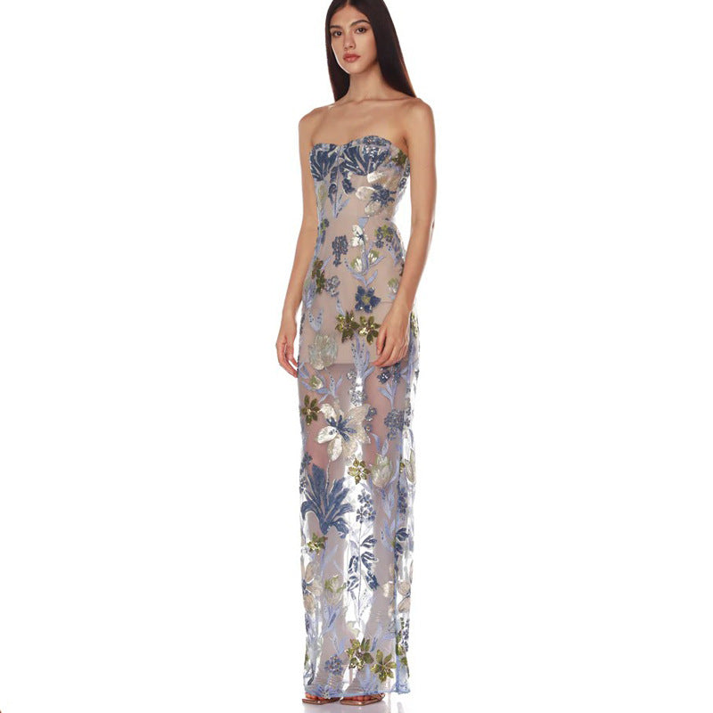 Embroidered Beaded Floral Strapless Dress For Women by Ricaloux