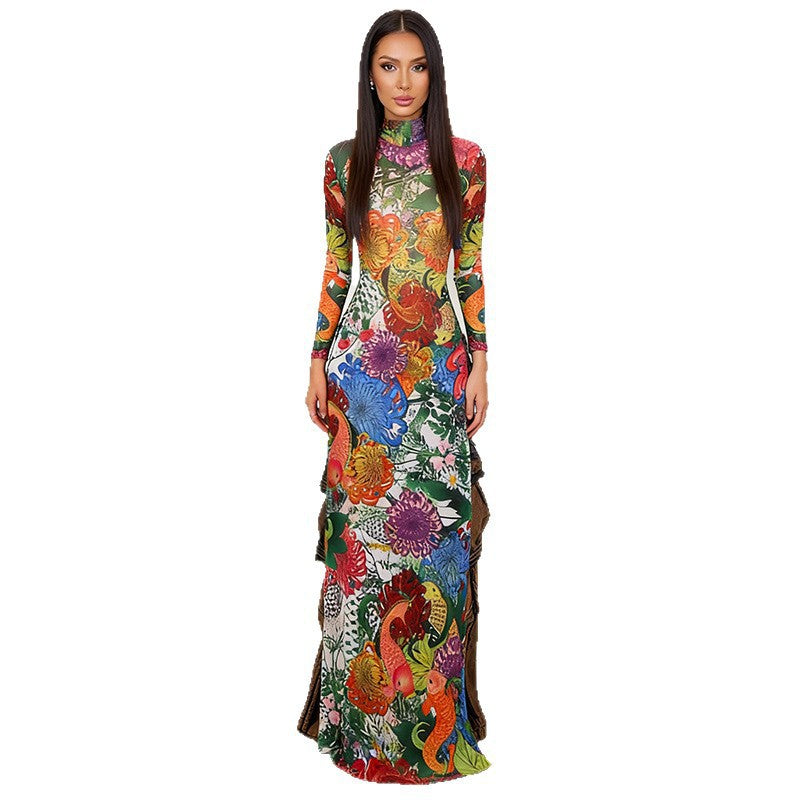 Womens Fashion Printed Long-sleeve Mock-neck High-slit Dress – Premium 0 | RICALOUX