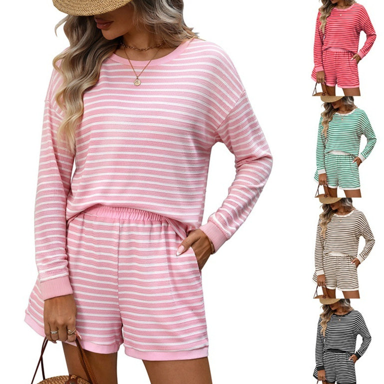 Womens Crew-neck Spliced Long-sleeve Shorts Two-piece Set by Ricaloux