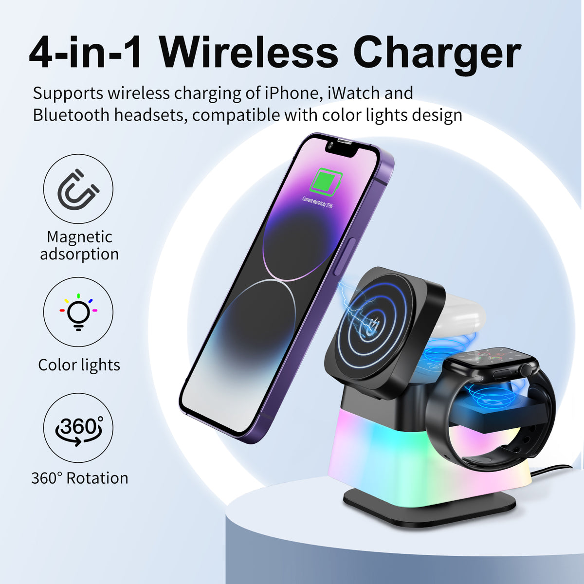4 In 1 Rotatable Colorful Lighting Wireless Charger Stand For Phone 15 14 13 12 Pro Max 8 7 Holder Magnetic Fast Charging Station by Ricaloux