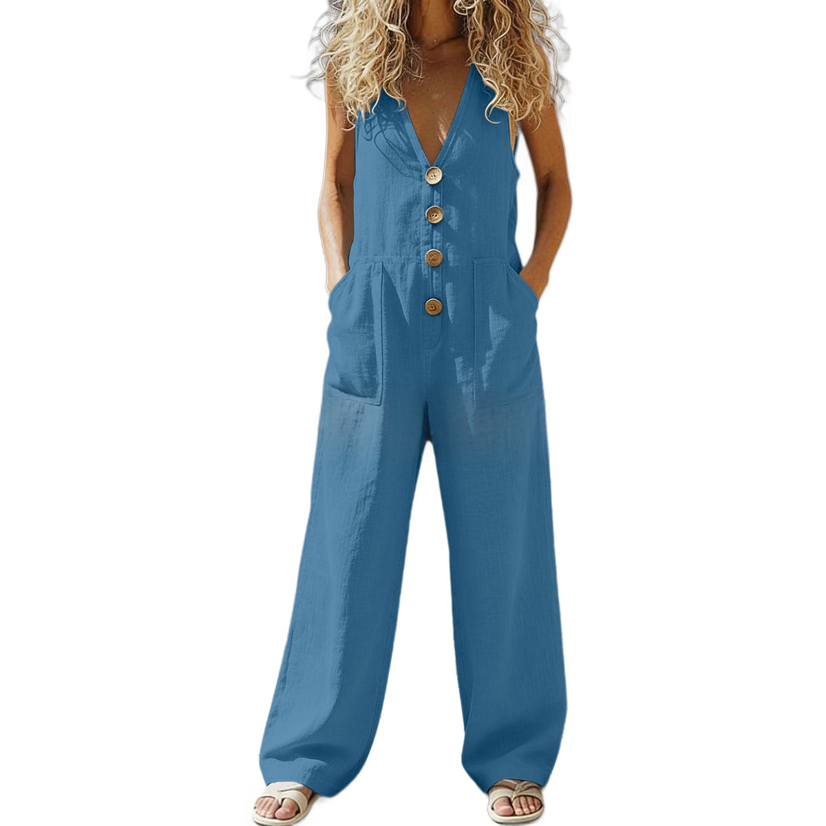 New European And American-style Loose-fitting V-neck Sleeveless Jumpsuit For Women by Ricaloux