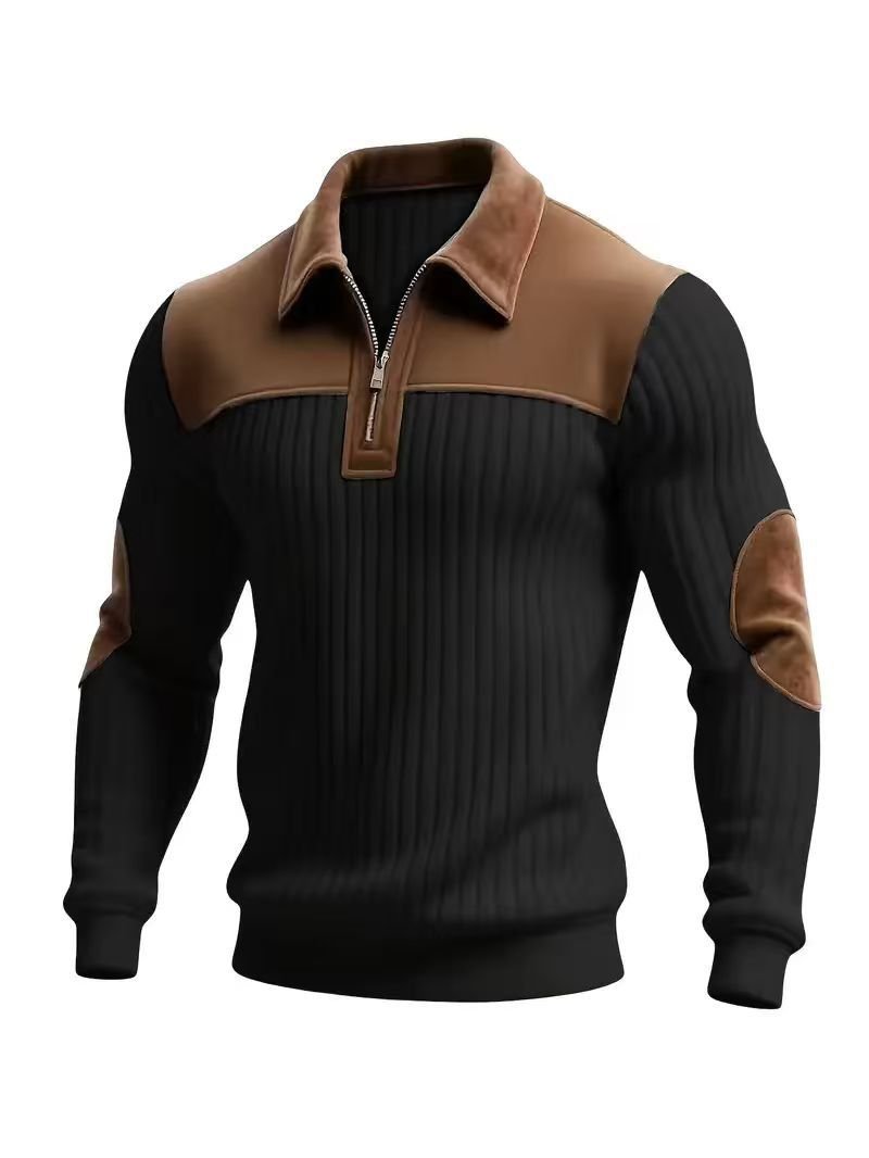 Notched-collar Patchwork Knit Top With Embroidered Zipper Hoodie - RICALOUX