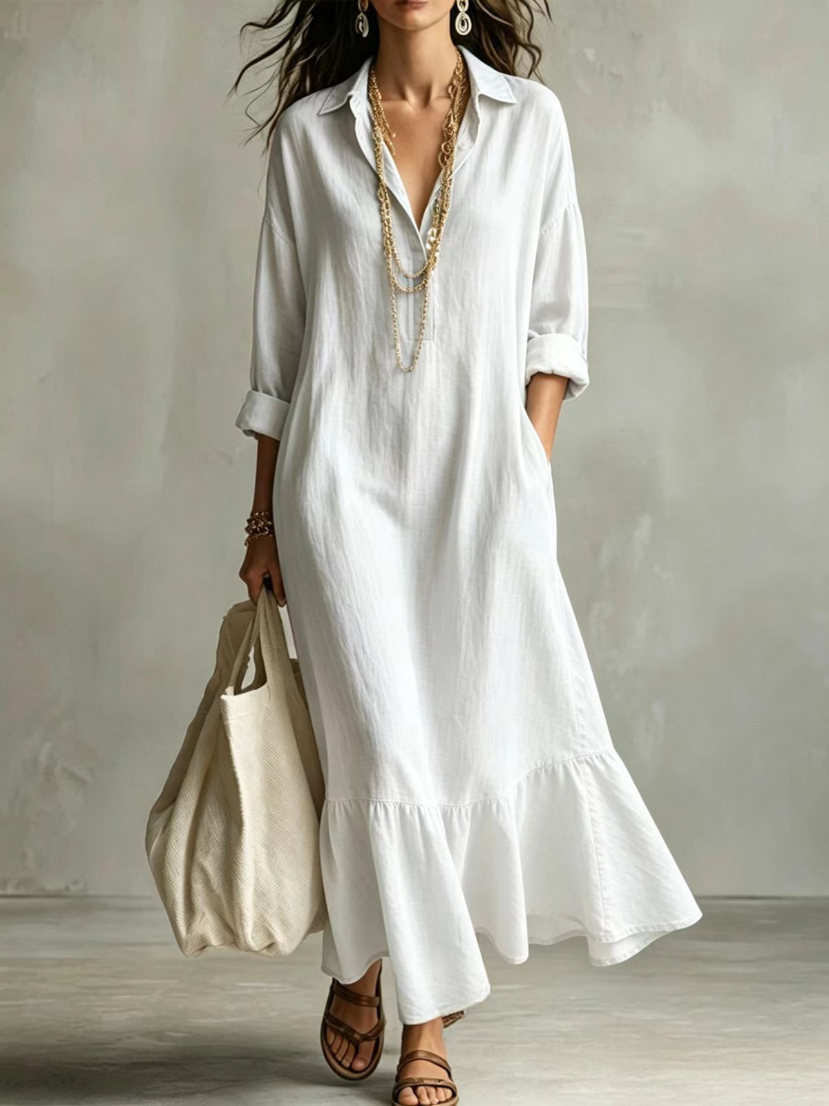 Turn-down Collar Fishtail Casual Loose-fit Figure-flattering Shirt Dress by Ricaloux