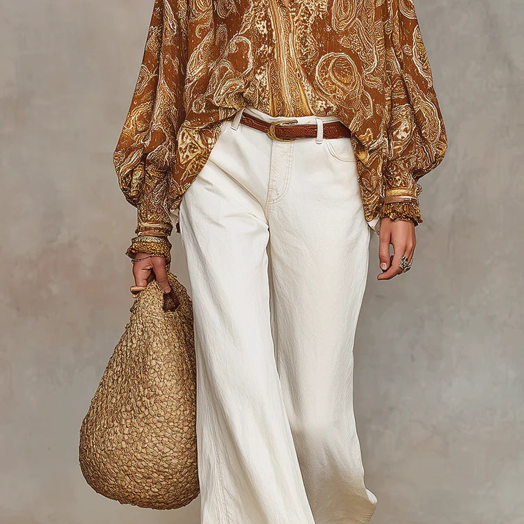 New Versatile Retro-print Long-sleeve Loose-fit Blouse, Womens Shirt by Ricaloux