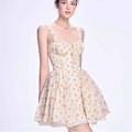 Floral Lace-trimmed Pleated Waist-cinching Dress by Ricaloux
