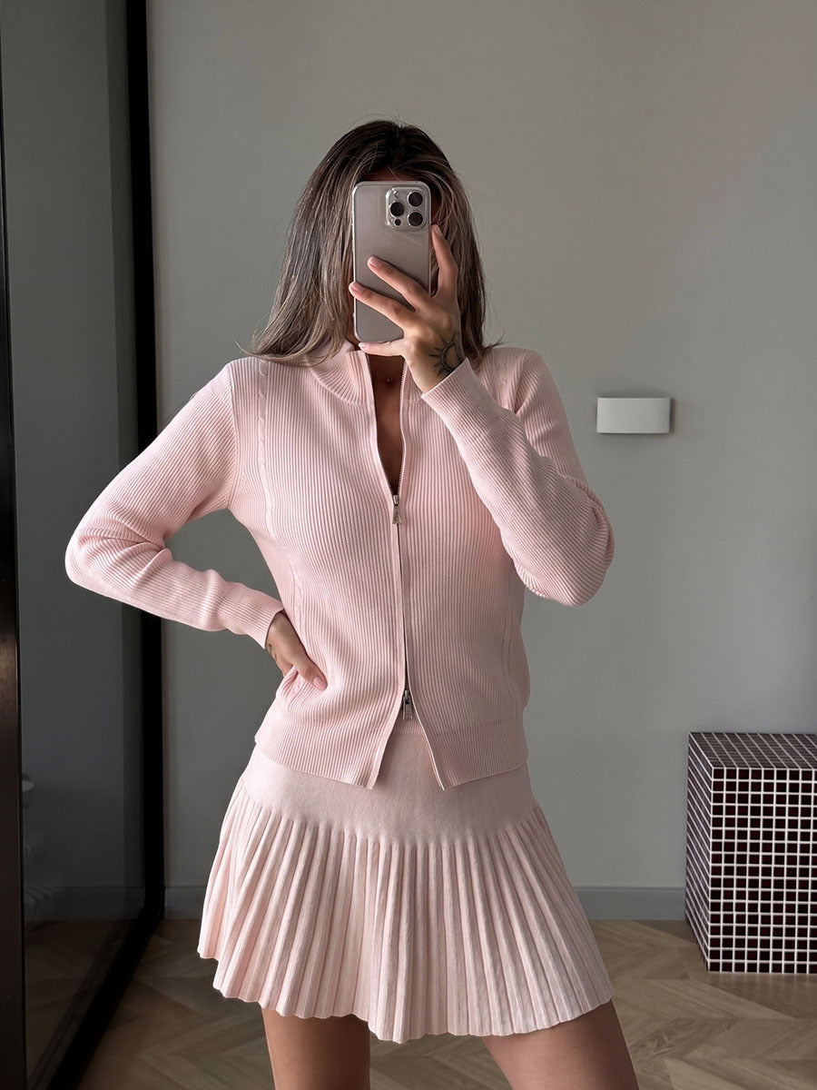 Womens Zip-up Cardigan And Pleated Knit Skirt Set by Ricaloux