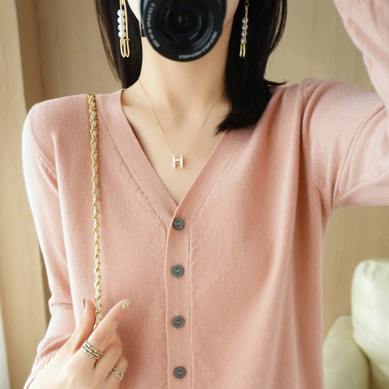 SpringSummer V-neck Cardigan Long-Sleeve Knit Top – Premium 0 | RICALOUX