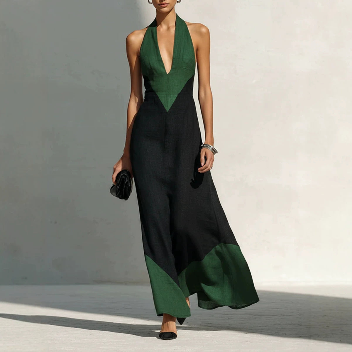Womens Deep V-neck Color-block Slip Dress by Ricaloux