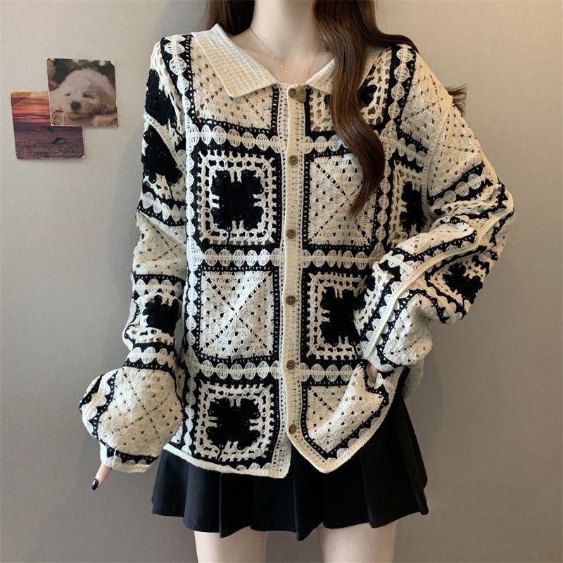 French-style Elegant Crocheted Floral Plaid Cardigan With A Lapel by Ricaloux