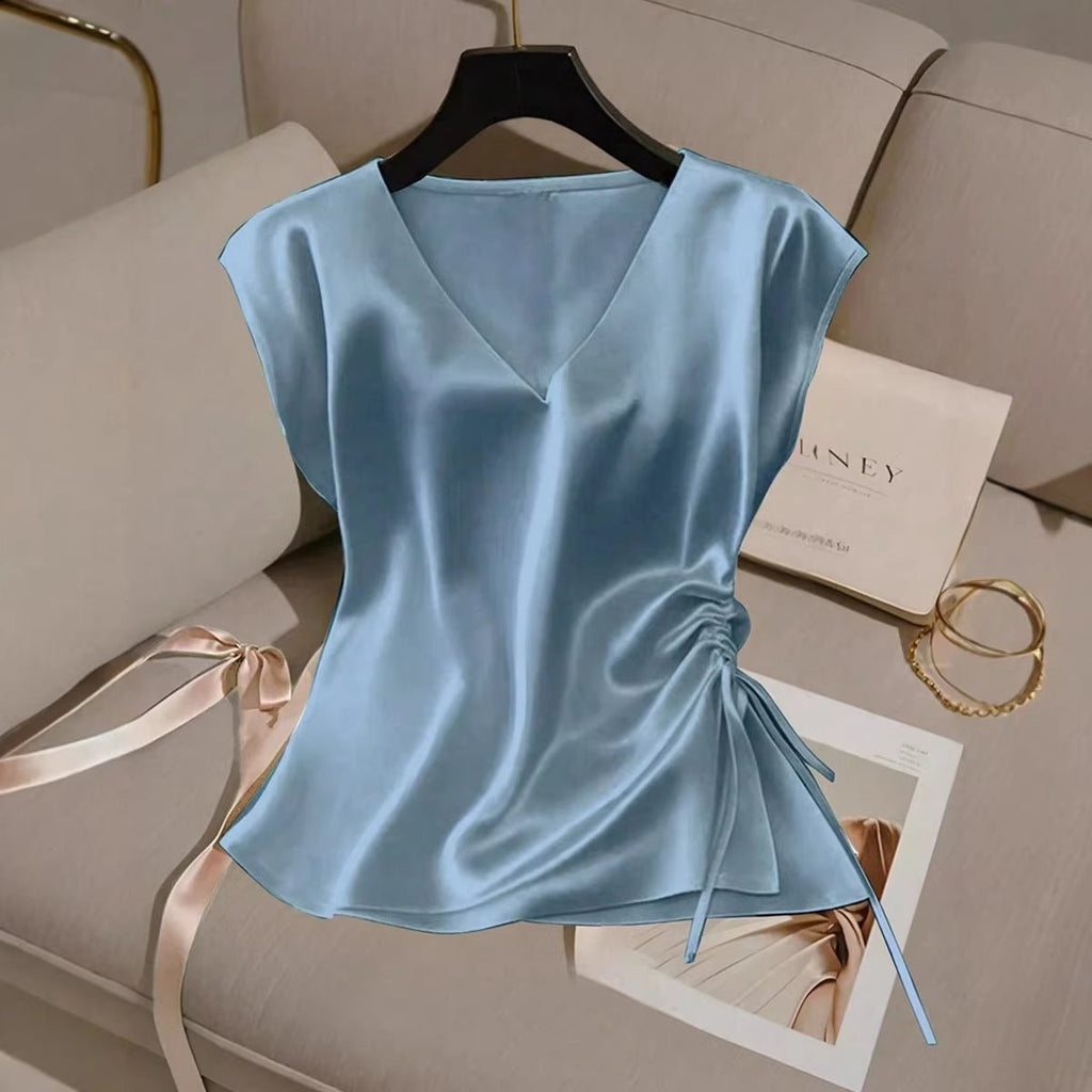 Womens Solid-Color Casual Satin V-Neck Top With Drawstring Hem - RICALOUX