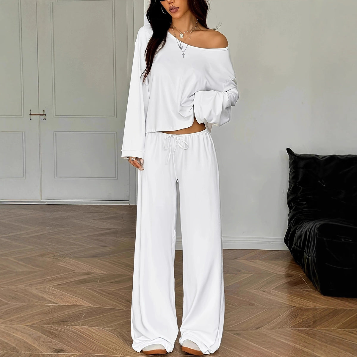 Satin Long-sleeve Top And Pants Set by Ricaloux