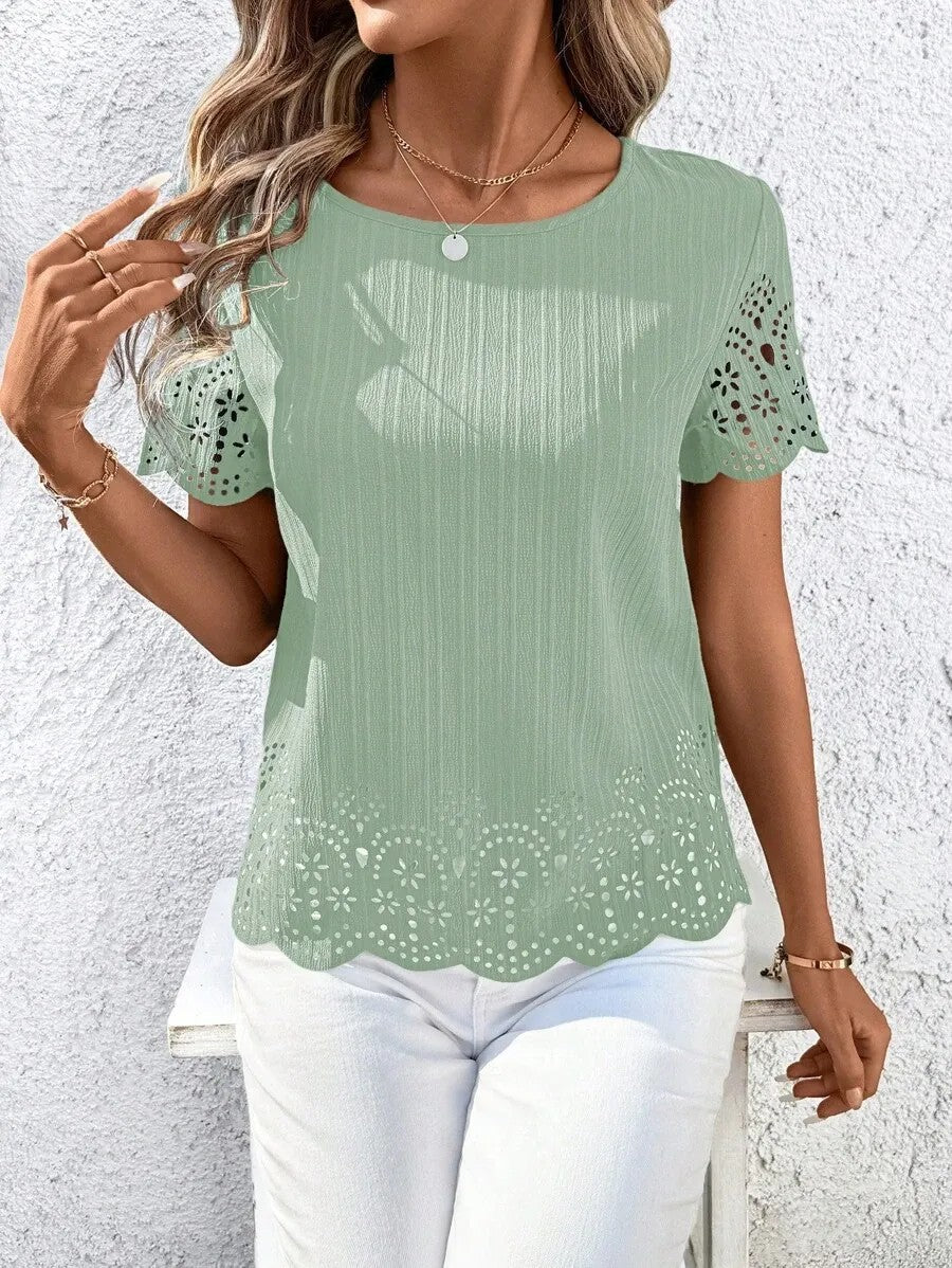 European And American Plus Size Womens Round Neck Hollow Out Short Sleeve Top With Burned Out Floral Design – Premium 0 | RICALOUX