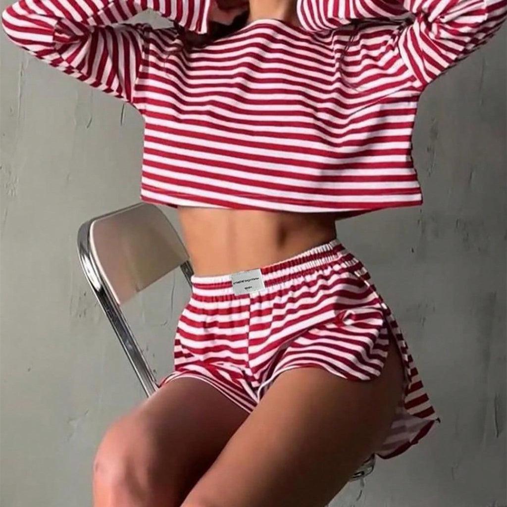 Comfortable And Stylish Knitted Striped Long-sleeve Pajama Set With Shorts by Ricaloux