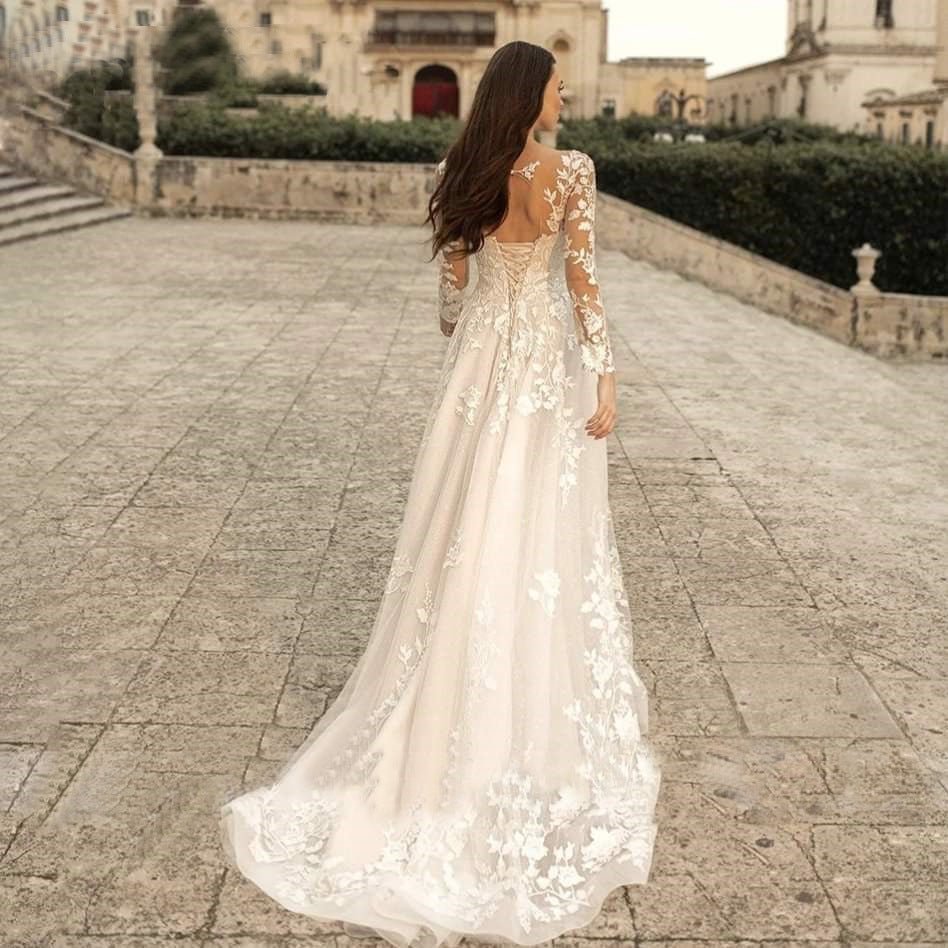 Long Sleeve Wedding Dress Mori Style Bridal Simple Round Neck - RICALOUX