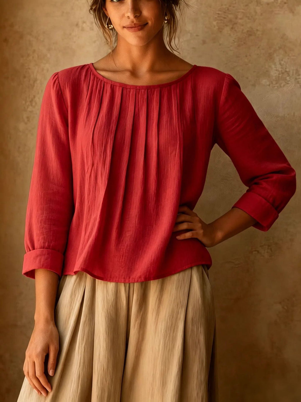 Womens Cotton-linen Top Loose-fit Round-neck Shirt by Ricaloux