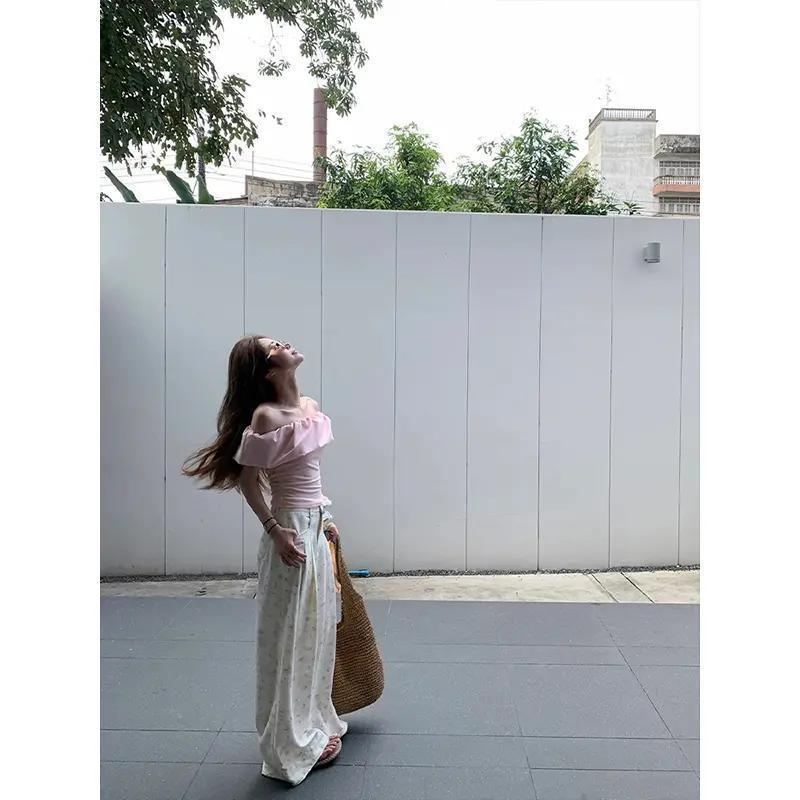 Stunning Pink Off-shoulder Top With A Boat Neckline And Ruffled Short Sleeves by Ricaloux