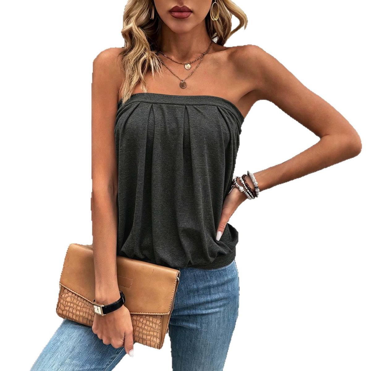 Wrinkled Off-shoulder Loose-fit Versatile Slimming Bandeau With No Straps – Premium 0 | RICALOUX
