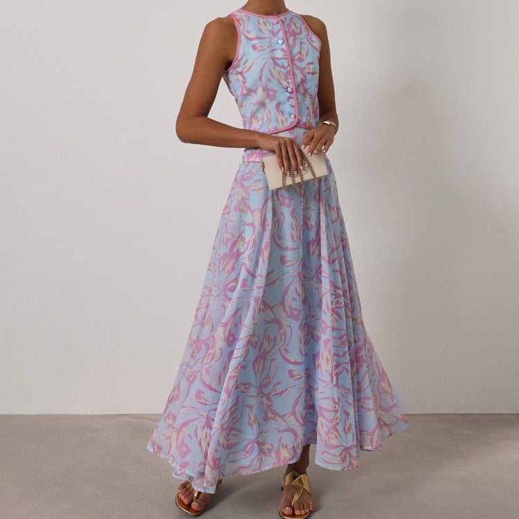 Abstract Print Sleeveless Crop Vest & Flared Midi Skirt 2-Piece Set – Premium 4 | RICALOUX