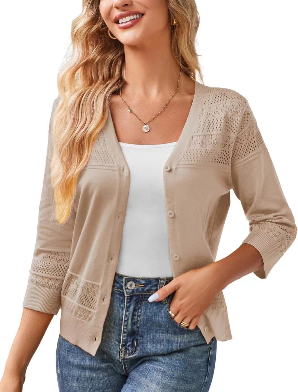 V-neck Cropped Outerwear Hollow-out Knit Cardigan – Premium 0 | RICALOUX