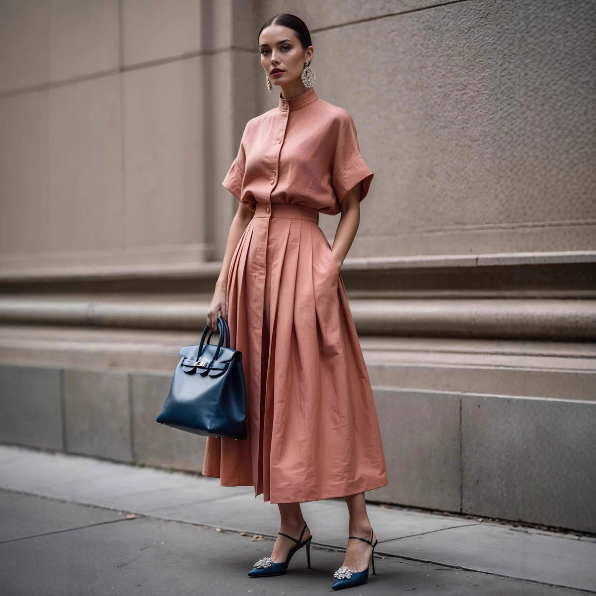 Solid-color Short-sleeve Turtleneck Top With Pleated Long Skirt by Ricaloux